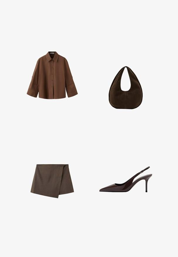 Chemise marron à boutons, manches longues larges et poche poitrine, avec col classique et coupe décontractée.; Mini-jupe cache-cœur asymétrique marron en tissu lisse, avec un panneau avant chevauchant la couche de base.; Talons slingbacks en cuir verni marron avec un bout pointu, un talon fin et une bride réglable. Texture lisse et finition brillante.; Sac à main en daim marron foncé en forme de croissant avec une seule sangle large et une texture lisse sur fond blanc.