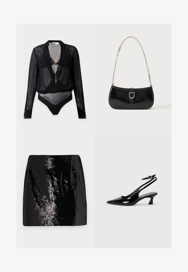 Body noir transparent à manches longues avec un décolleté plongeant en V, collier chaîne doré avec détails cadenas et clé, et poignets boutonnés.; Jupe mini en sequins noirs avec un design ajusté, taille haute et texture brillante, présentant des détails de surface réfléchissante et une silhouette épurée.; Escarpins à brides arrière en cuir verni noir, à bout pointu, avec un petit talon carré et une sangle de cheville ajustable dotée d'une boucle dorée.; Sac à épaule en cuir verni noir avec détail de boucle argentée et bandoulière en chaîne argentée, présenté sur un fond uni clair.