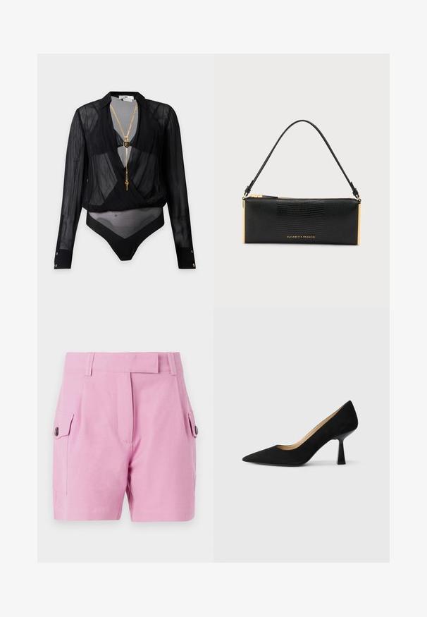Body noir transparent à manches longues avec un décolleté plongeant en V, collier chaîne doré avec détails cadenas et clé, et poignets boutonnés.; Shorts rose clair avec un design ajusté, devant plat, poches latérales avec fermetures à bouton et une texture de tissu lisse.; Pompe à talons hauts en suède noir avec un bout pointu, dotée d'un talon bloc noir brillant et d'une doublure intérieure lisse.; Sac à main rectangulaire texturé noir avec une sangle unique, fermeture éclair dorée, accents dorés et logo Elisabetta Franchi sur le devant.