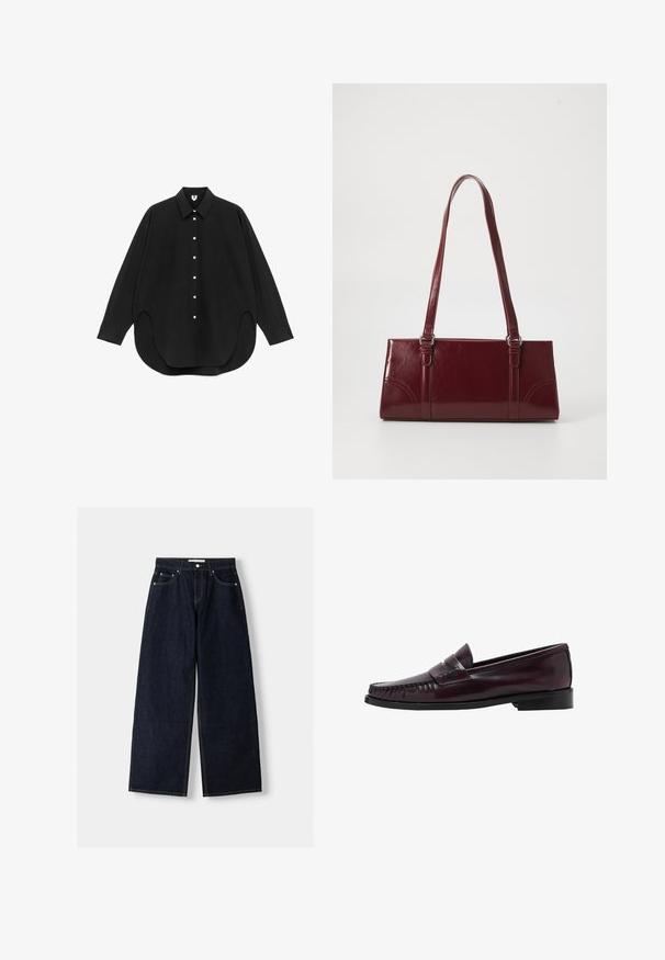 Sort langærmet skjorte med knapper, spids krave og afrundet kant, vist fladt på hvid baggrund.; Mørkeblå denim wide-leg jeans med høj talje, fem lommer, kontraststing og sølvfarvet metalbeslag. Glat overflade og pæn finish.; Mænds mørkebrune læder penny loafers med sort sål og syning langs tåen, vist i sideprofil.; Bordeaux håndtaske lavet af glansfuldt materiale, rektangulær form, med to skulderremme og subtile buede detaljer på forsiden.