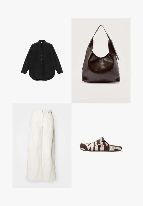Chemise noire à manches longues avec col pointu et ourlet arrondi, présentée à plat sur un fond blanc.; Jean blancs à jambes larges en denim. Dotés d'une taille haute, d'une fermeture à bouton à l'avant et d'un design classique à cinq poches. Texture lisse, sans motifs.; Mule à enfiler avec imprimé zèbre marron et blanc, doté d'une bride avec boucle argentée et d'une semelle plate noire.; Sac à bandoulière en cuir marron foncé brillant avec une seule large sangle et un détail de boucle sur un côté, posé sur un fond clair uni.