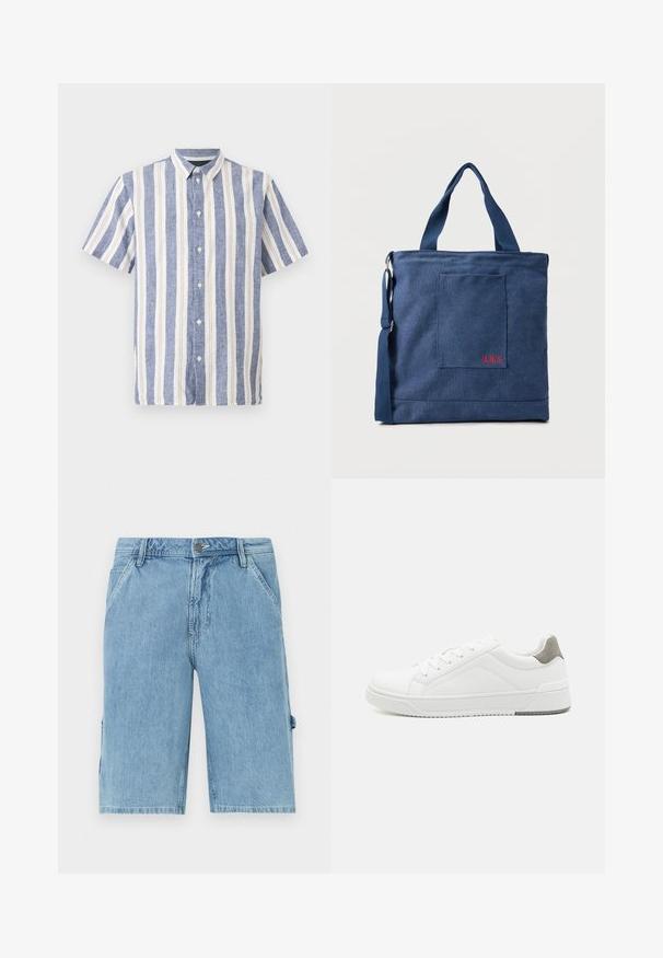 Kortærmet skjorte med knapper med lodrette blå, hvide og tynde beige striber og spids krave.; Lyseblå denimshorts med lige skæring, der har frontlommer og en sidelomme til cargo, med en slidset tekstur og bæltestropper i taljen.; Hvid sneaker lavet af glat læder, rund tå, minimalistisk design, grå hælafsats og tekstureret gummisål.; Blå lærredstote taske med frontlomme og rød "O.N.S" broderi, med to håndtag og en justerbar skulderrem.