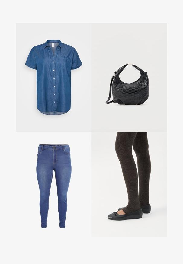 Denim kortærmet skjorte, lys til mørkeblå gradient, knaplukning foran, spidse krave, brystlomme, buet kant, let løs pasform.; Blå skinny jeans med forlommer, bæltestropper, knaplukning og let falmet effekt på lår og knæ.; Ben iført mørke ribbede leggings kombineret med sorte balletsko med små sløjfedetaljer på hvid baggrund.; Sort flettet læderhåndtaske med kort håndtag og aftagelig skulderrem, vist mod en ensfarvet lys baggrund.