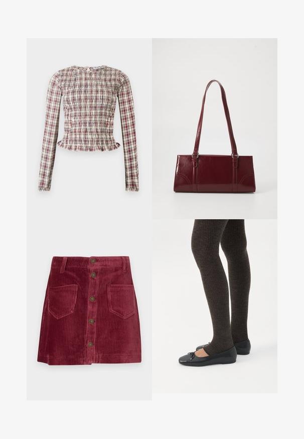 Blusa de cuadros ajustada de manga larga con tela fruncida y dobladillo con volantes en tonos beige, rojo y azul, mostrada sobre un fondo liso.; Minifalda de pana en rojo profundo con cierre de botones en la parte delantera, dos bolsillos parche en la parte frontal y presillas para cinturón.; Piernas con leggings oscuros acanalados combinados con bailarinas negras que presentan pequeños detalles de lazo sobre un fondo blanco.; Bolso burdeos hecho de material brillante, de forma rectangular, con dos asas para el hombro y sutiles acentos curvados en la parte frontal.
