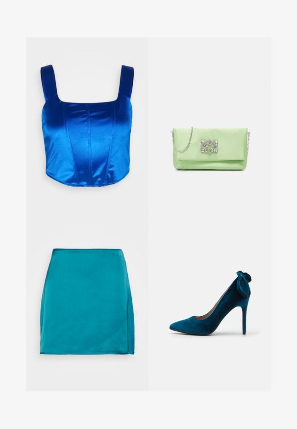 WAL G. AMI CORSET - Débardeur - electric blue; Hollister Co. MINI - Minijupe - shaded spruce; Anna Field by Zalando Escarpins - dark blue; Mascara Pochette - apple