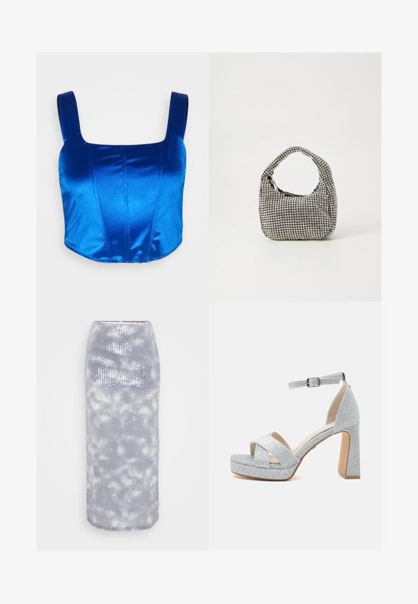 WAL G. AMI CORSET - Top - electric blue; Grijze midi-rok van ribbelstof met een wolkpatroon en pailletten. Het heeft een strakke pasvorm en een soepele zoom.; Zilveren glinsterende plateausandaal met stevige hoge hak, gekruiste bandjes over de tenen en verstelbare enkelband met gesp.; Zwarte handtas met een ronde vorm, bedekt met kleine zilveren rhinestones, voorzien van een kort handvat en een ritssluiting aan de bovenkant.
