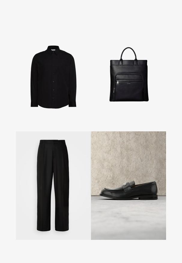 Chemise noire à manches longues avec boutons, fabriquée en tissu lisse. Elle présente un col classique, une patte de boutonnage à l'avant, et un petit logo sur la poitrine.; Pantalon noir avec une coupe droite, une texture douce, des plis avant et une taille standard. Design minimaliste sans motifs supplémentaires.; Mocassin en cuir noir avec une plaque de marque en métal reposant près d'une table ronde marron sur un sol recouvert de moquette beige.; Sac cabas en cuir noir avec anses supérieures et poche avant zippée portant un petit logo Calvin Klein sur la poche.