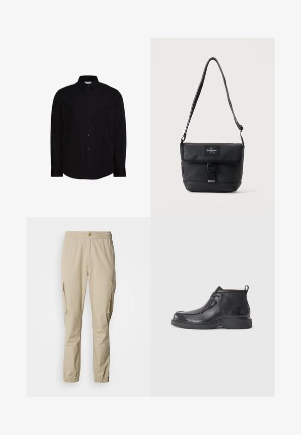 Camisa negra de manga larga con botones, confeccionada en una tela suave. Cuenta con un cuello clásico, tapeta frontal y un pequeño logo en el pecho.; Pantalones cargo beige con cinturilla elástica, cierre de botón, bolsillos laterales y puños elásticos en los tobillos, fabricados en tela ligera.; Botas de cuero negras hasta el tobillo con punta redondeada, diseño con cordones y una lengüeta en la parte trasera. Parte superior texturizada y suela de goma.; Bolso de hombro negro Calvin Klein con correa ajustable, solapa frontal, cierre de hebilla y parche visible con el logo de la marca.