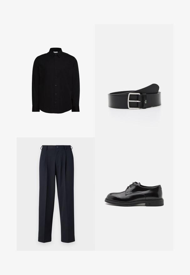 Must pikkade varrukatega nööpidega särk, valmistatud siledast kangast. Omadused: klassikaline krae, esiosa plastron ja väike logo rinnal.; Tumesinised kohandatud püksid ees nööpide ja tõmblukuga, vööaasade ja küljetaskutega, valgel taustal.; Musta nahast kleitking, millel on sile viimistlus, ümar varvas ja nöörid. Omab paksu musta tallat ja peent niiditööd serva ääres.; Must muströi, millel on ristkülikuline hõbedane pandla, millel on väike roheline krokodillilogo ja sile tekstuur. Standardsed mõõdud, lihtne disain.