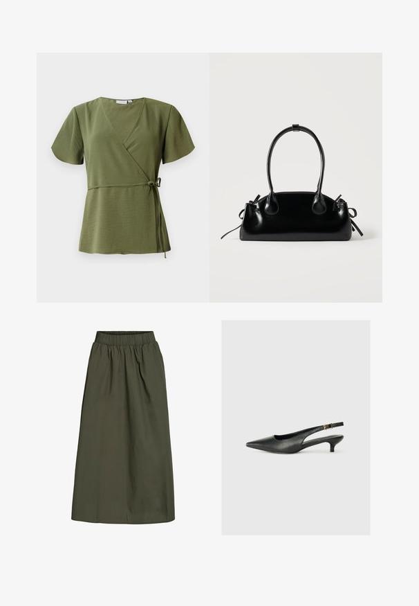 Olijfgroen wikkeltop, korte mouwen, V-hals ontwerp, strik in de taille, gemaakt van lichtgewicht stof met een soepele textuur.; Olijfgroene, enkellange skirt met geplooide elastische tailleband en een gladde, licht kreukelige stofstructuur.; Zwarte puntschoen met slingback van soepel leer. Kenmerkt zich door een dunne hak en een gespdetail op de verstelbare band.; Kleine zwarte glanzende handtas met twee lange hengsels en zijkant trekkoord details op een effen lichte achtergrond.