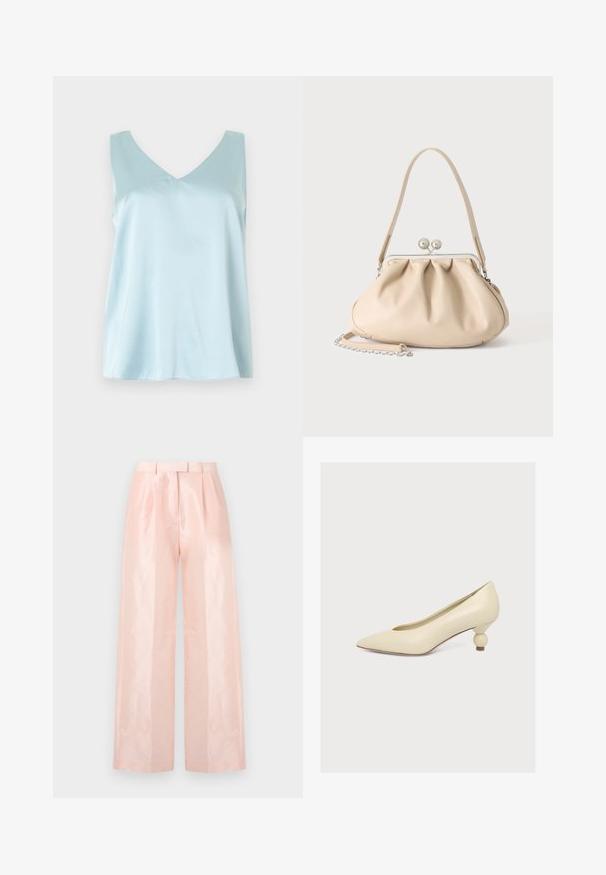 Haut sans manches en satin bleu clair avec encolure en V, coupe ample et texture lisse et brillante sur un fond uni.; Pantalons à taille haute ample de couleur rose clair, présentant une texture lisse et brillante, des plis à l'avant et une ceinture assortie.; Escarpin couleur crème à bout pointu avec un talon empilé court et rond et une finition mate lisse sur un fond uni clair.; Sac à main en cuir souple beige avec un fermoir en métal argenté, une bandoulière simple et une bandoulière chaîne optionnelle sur fond blanc.