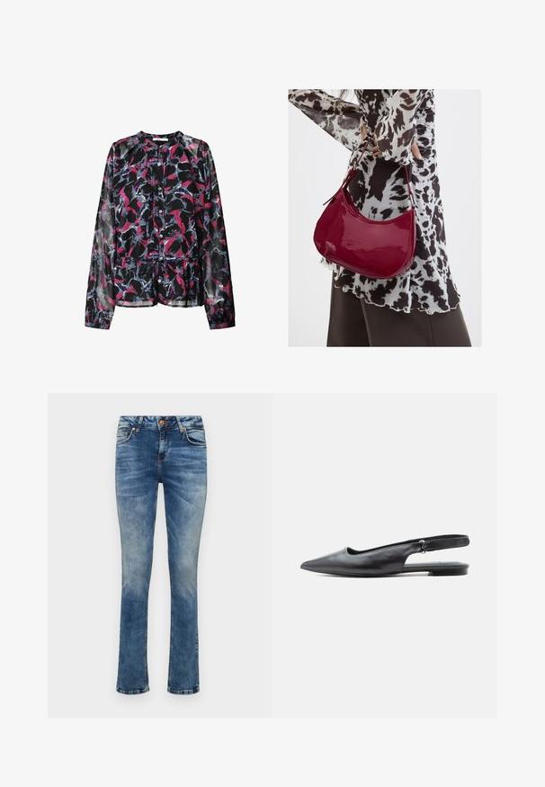 Sort bluse med blomsterprint i pink, blå og hvid. Har lange ærmer, knaplukning foran og et samlet talje for en løs pasform.; Lyseblå denimjeans med lige ben, der har en frontknaplukning, fem lommer og diskret fading.; Sort læder flad slingbacksko med spids tå, lav hæl og justerbar rem på lys baggrund.; Kvinde iført en sort- og hvidmønstret bluse, der holder en blank rød skuldertaske mod en ensfarvet baggrund.
