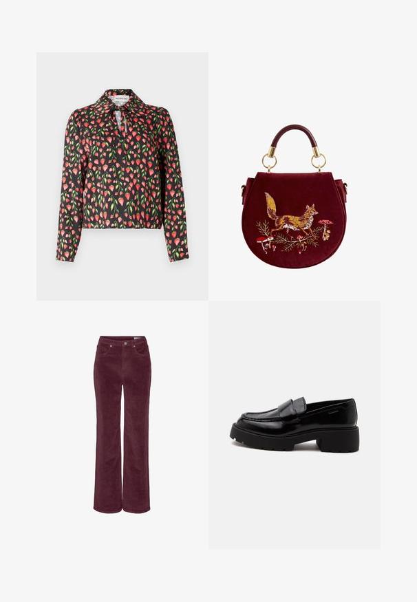 Blusa negra con un patrón floral de fresas rojas y hojas verdes, con un collar y una abertura en forma de llave en el escote.; Pantalones de pana con diseño de pierna ancha, en un color burdeos intenso. Presentan bolsillos delanteros y trabillas para cinturón, con un acabado de tela texturizada.; Mocasín negro de cuero brillante con suela gruesa y tacón bajo de bloque, costura lateral y una amplia correa sobre la parte superior.; Bolso redondo burdeos con un asa curvada, que presenta bordados de un zorro caminando entre champiñones rojos y blancos y follaje verde.