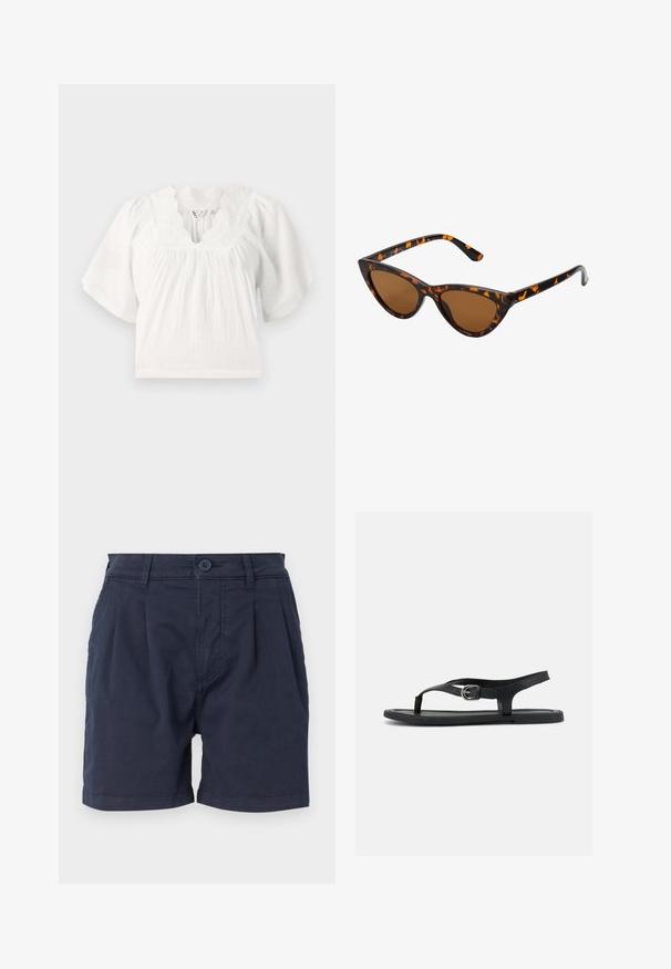 Blusa blanca con mangas cortas abullonadas, tela texturizada, escote con forma de concha y detalles bordados a lo largo del collar. Corte casual.; Pantalones cortos azul marino de tejido trenzado, con cierre frontal de botón, diseño plisado y bolsillos laterales. Dobladillo limpio en las aperturas de las piernas.; Sandalia plana negra con correa al tobillo, separador de dedo y hebilla plateada sobre suela lisa, vista lateral sobre fondo blanco.; Gafas de sol estilo ojo de gato con montura de carey negra y naranja, lentes marrones y puntas elegantes y afiladas. Presenta un logo minimalista en la patilla.