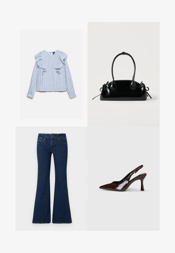 Blouse à manches longues rayée verticalement bleu clair et blanc avec des panneaux froncés bordés de dentelle à l’avant et une bordure en dentelle assortie aux poignets.; Jean flare bleu foncé en denim, avec fermeture éclair et double bouton, poches avant et détails cousus le long des côtés.; Talons slingback en cuir verni brun avec un bout pointu, un talon fin, et une sangle réglable avec une petite boucle.; Petit sac à main noir brillant avec deux longues anses et des détails à cordon sur les côtés sur un fond clair uni.