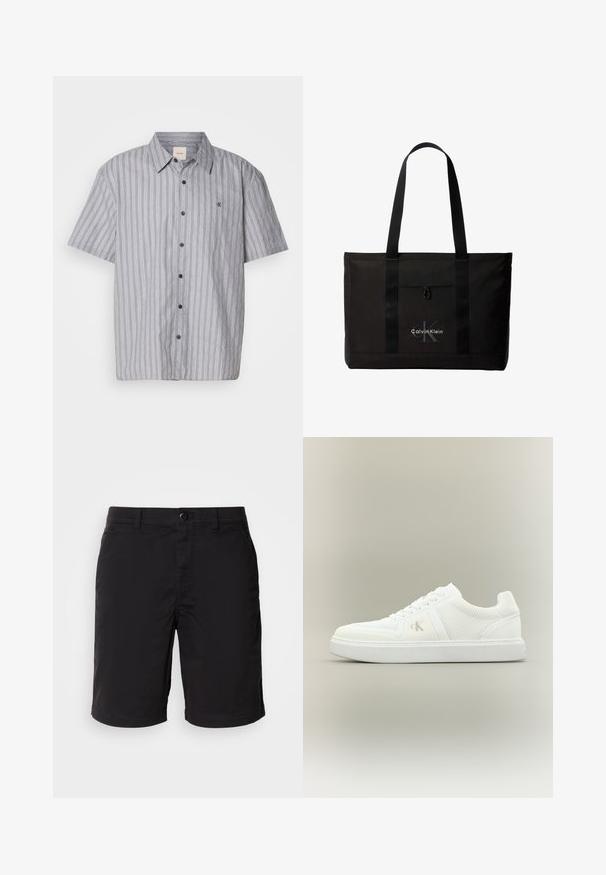 Camisa de manga corta, con botones, hecha de una tela ligera con rayas verticales azules y blancas. Presenta un cuello clásico y un bolsillo en la parte delantera.; Pantalones cortos negros de tela ligera, con cierre de botón, cintura estándar y corte recto. Sin patrones ni acentos visibles.; Zapatilla deportiva blanca de caña baja con cordones, laterales de tela texturizada y sutil logo "ck" en el lado exterior, colocada sobre un fondo neutro liso.; Bolso tote negro de Calvin Klein con dos asas largas y bolsillo delantero, con el logo de la marca en blanco y gris.