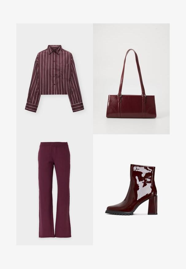 Langere mouwen cropped shirt met verticale witte strepen op een bordeauxrode achtergrond en een borstzakje aan de voorkant, plat weergegeven.; Rechte broek in effen donker bordeaux met elastische tailleband, gemaakt van zachte stof.; Glanzende bordeaux enkelboot met een vierkante neus, chunky doorzichtige hak en gestructureerde zwarte zool. Vloeiend oppervlak met een hoge glansafwerking.; Bourgondische handtas van glanzend materiaal, rechthoekige vorm, met twee schouderbanden en subtiele gebogen accenten aan de voorkant.
