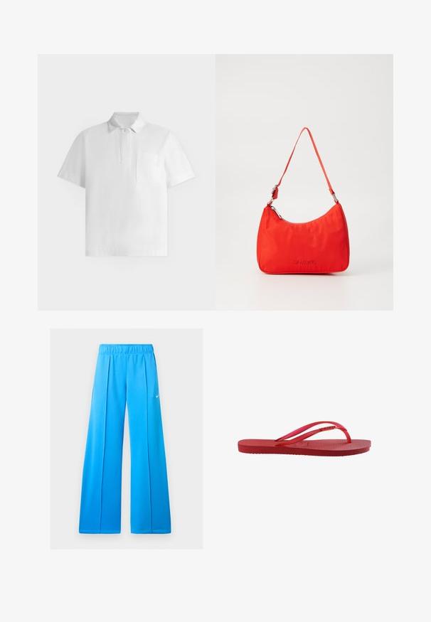 Polo blanc à manches courtes avec col, patte de boutonnage avec un bouton et une poche sur le côté gauche de la poitrine sur fond blanc.; Pantalon de sport bleu vif à jambes larges avec taille élastique et petit logo blanc Nike swoosh sur la cuisse droite.; Tongs en caoutchouc rouge avec semelle texturée et fines brides brillantes sur fond blanc.; Sac à main en nylon rouge avec une silhouette courbée, une seule anse, des accessoires en métal argenté et un logo embossé à l'avant. Texture lisse.