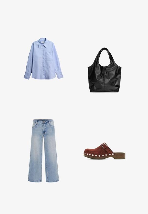 Lyseblå langærmet skjorte med knapper, spids krave, brystlomme og et lille broderet "B" nær den nederste front.; Lyseblå brede jeans med høj talje, fem lommer og kontrastsyninger. Fremstillet af denim med en glat tekstur.; Brun ruskindstræsko med træsål, sølvspænde på siden og sølvnitter langs den nederste kant af overlæderet.; Sort læder tote taske med en glat overflade, en blød, afrundet top og brede håndtag. Har minimal syning og en afslappet silhuet.