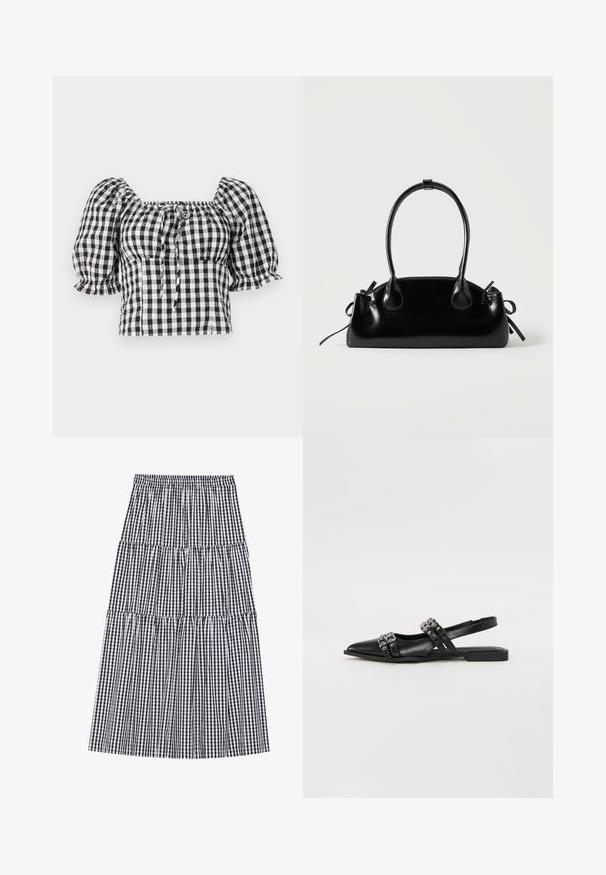 Blouse à carreaux noir et blanc avec des manches bouffantes, décolleté carré, et un détail à nouer à l'avant. Tissu léger avec texture froncée.; Jupe à volants en vichy noir et blanc avec une taille élastique. Elle présente plusieurs volants et une silhouette fluide.; Even&Odd by Zalando Ballerines à brides arrière - black; Petit sac à main noir brillant avec deux longues anses et des détails à cordon sur les côtés sur un fond clair uni.