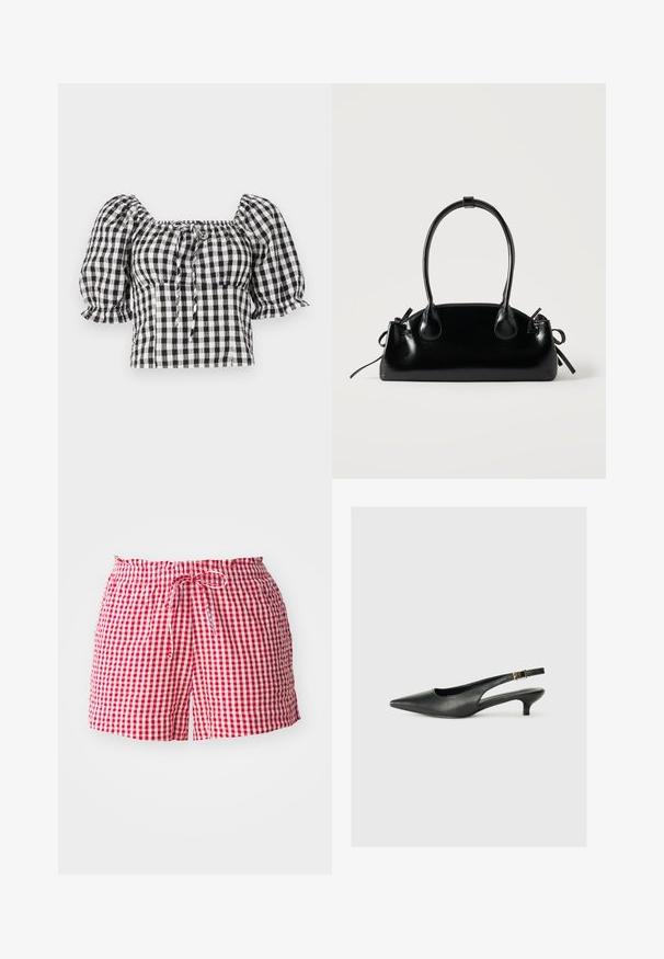 Sort og hvidt ternet bluse med puffede ærmer, firkantet halsudskæring og bånddetalje foran. Letvægtigt stof med sammenfoldet tekstur.; Røde og hvide ternede shorts med elastisk talje og snor, lavet af et let materiale og med en afslappet pasform.; Sorte spidse slingback-sko lavet af glat læder. Har en tynd hæl og en spænde detalje på den justerbare rem.; Lille sort blank håndtaske med to lange håndtag og snøre-detaljer i siden på en ensfarvet lys baggrund.
