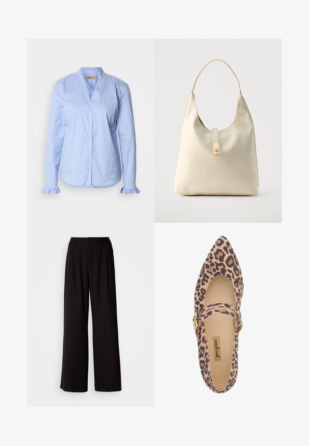 Mos Mosh PLEAT SHIRT - Skjortebluser - brunnera blue; Sorte bukser med vid benvidde lavet af glat stof, med folder foran, en tætsiddende talje og uden synlige mønstre eller detaljer.; Leopard-print Mary Jane sko med spids tå, blødt stof overdel og en rem forsynet med en guldbuckle. Kig til cremeforing og sål.; Hobo-taske i cremefarvet læder med en enkelt skulderrem, glat tekstur og et guldfarvet spænde foran.