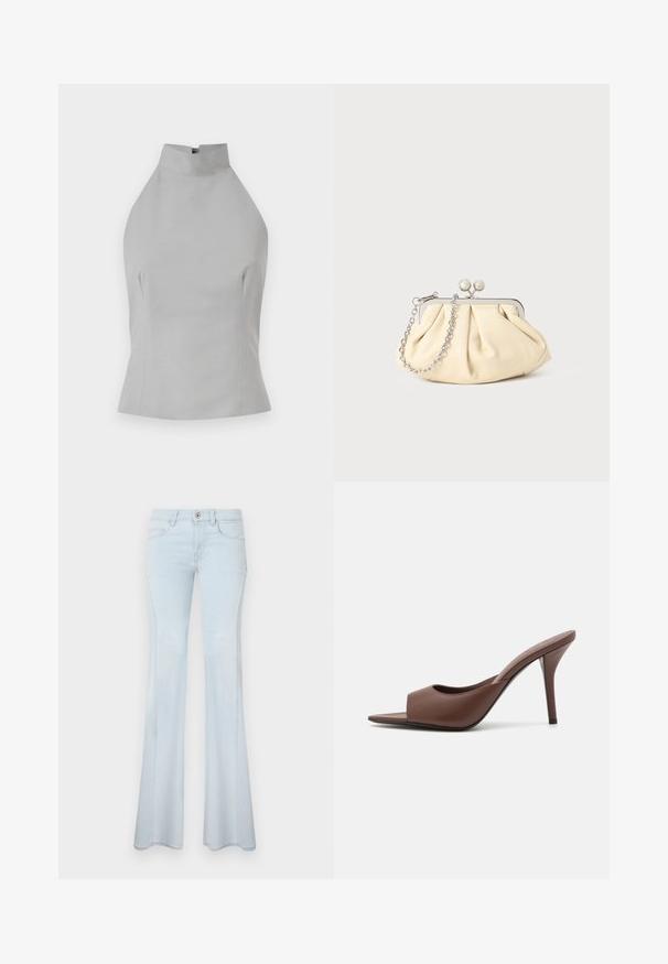 Grå halterneck top med høj halsudskæring, skræddersyet pasform, glat tekstur og sømdetaljer på siderne. Ingen synlige lukninger.; Lyseblå flagrende jeans lavet af denim. Funktioner inkluderer en knaplukning, fem lommer og diskret syning. Glat tekstur og brede ben.; Brune læder open-toe højhælede mules med et slankt design, der har en bred frontrem og en slank stiletto-hæl.; Plisseret beige læderclutch med en sølvmetalramme, der har to runde dekorative låse og en sølvkædetrasporte.