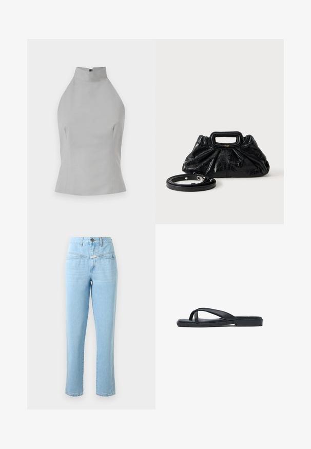 Grå halterneck top med høj halsudskæring, skræddersyet pasform, glat tekstur og sømdetaljer på siderne. Ingen synlige lukninger.; Højtaljede lyseblå denimjeans med frontlommer, knap- og lynlåslukning samt lige ben.; Sort flad sandal med tynde krydsede stropper og en lav hæl, vist i profil på hvid baggrund.; Lille sort læderhåndtaske med rynket tekstur, rektangulært håndtag og aftagelig tynd skulderrem placeret ved siden af.