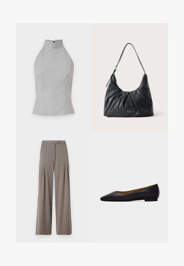 Haut halter gris avec un col montant, coupe ajustée, texture lisse et détails de couture sur les côtés. Sans fermetures visibles.; Pantalons à jambe large en tissu marron clair, dotés de plis, d'un devant plat et d'un ourlet net. Texture lisse avec un léger éclat.; Chaussure plate en cuir noir à bout pointu avec talon bas et finition lisse, vue de côté sur un fond gris clair.; Sac à bandoulière en cuir noir avec devant plissé, sangle ajustable, fermeture éclair dorée et petit logo de marque doré au centre devant.