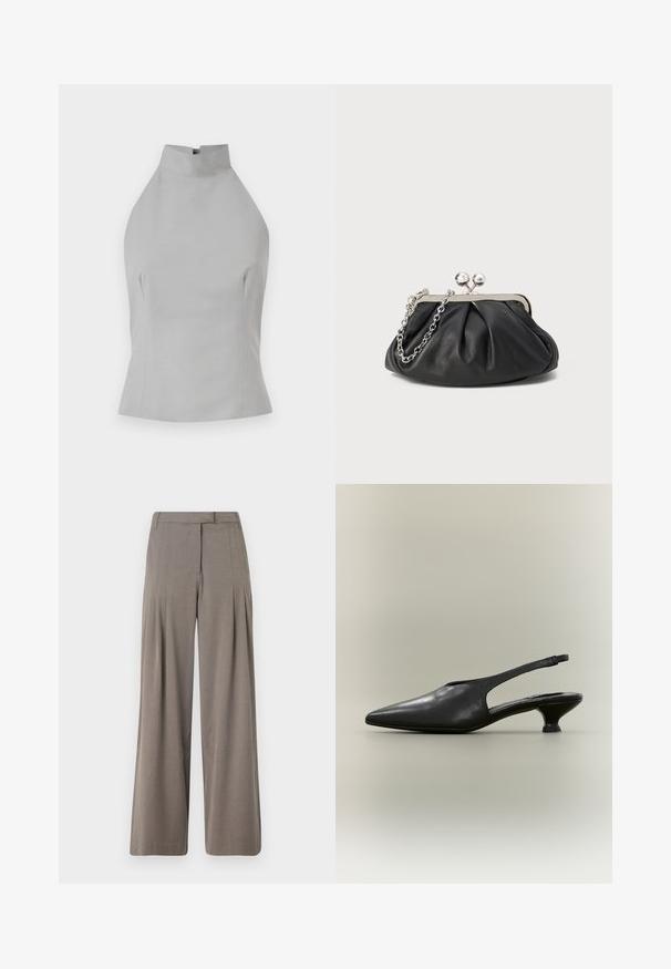 Haut halter gris avec un col montant, coupe ajustée, texture lisse et détails de couture sur les côtés. Sans fermetures visibles.; Pantalons à jambe large en tissu marron clair, dotés de plis, d'un devant plat et d'un ourlet net. Texture lisse avec un léger éclat.; Chaussure à bride arrière en cuir noir avec bout pointu et petit talon bas sur fond neutre.; Porte-monnaie en cuir noir avec texture froncée, cadre en métal argenté, fermeture à verrouillage kiss-lock et bandoulière en chaîne. Surface lisse et douce.