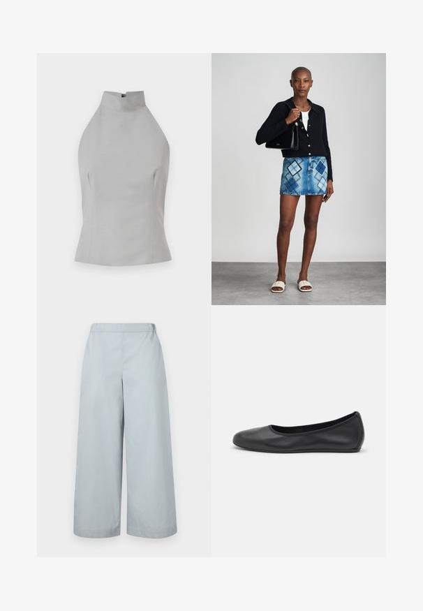 Grauer Haltertop mit hohem Ausschnitt, maßgeschneiderter Passform, glatter Textur und Nahtdetails an den Seiten. Keine sichtbaren Verschlüsse.; MM by MaxMara ANTILLE - Stoffhose - light blue; Schwarze Leder-Ballettschuhe mit abgerundeter Spitze, glatter Textur, minimalen Nähdetails und einem flexiblen Sohlen-Design.; Schwarze Strickjacke, weißes Oberteil, Jeansrock mit blauem und schwarzem Diamantenmuster, schwarze Handtasche und beige Rutschsandalen.