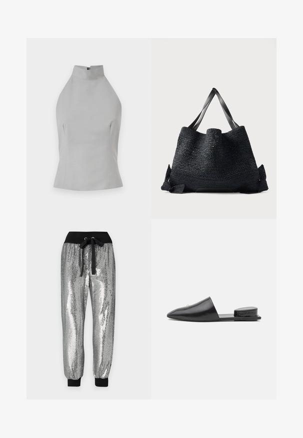 Haut halter gris avec un col montant, coupe ajustée, texture lisse et détails de couture sur les côtés. Sans fermetures visibles.; Pantalons jogger en sequins argentés avec une taille élastique noire, un cordon de serrage et des poignets noirs aux chevilles pour un ajustement fuselé.; Mules noirs en cuir à enfiler avec un bout pointu, un design minimal et un accent texturé au talon arrière. Surface lisse et semelle plate.; Grand sac fourre-tout noir tissé avec des poignées larges et plates et un dessus ouvert, présenté sur un fond clair uni.