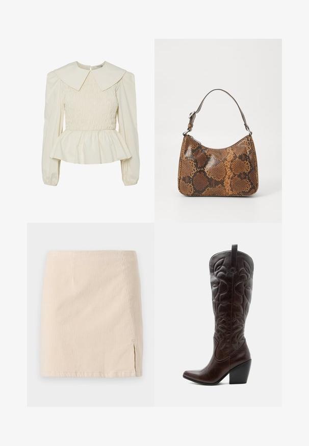 Blouse de couleur crème avec un large col plat, un corps smocké et des manches bouffantes. Dotée d'un ourlet peplum et d'une fermeture au dos. Fabriquée en tissu léger.; Jupe mini en velours côtelé beige avec une texture à côtes verticales, dotée d'une fente sur le côté pour un détail supplémentaire. L'ourlet est droit et cousu de manière uniforme.; Botte de cowboy haute en cuir marron foncé avec motifs décoratifs cousus, bout pointu et talon bloc empilé.; Petit sac à main avec un motif en peau de serpent marron et noir, courroie courte et ajustable, et fermeture éclair.