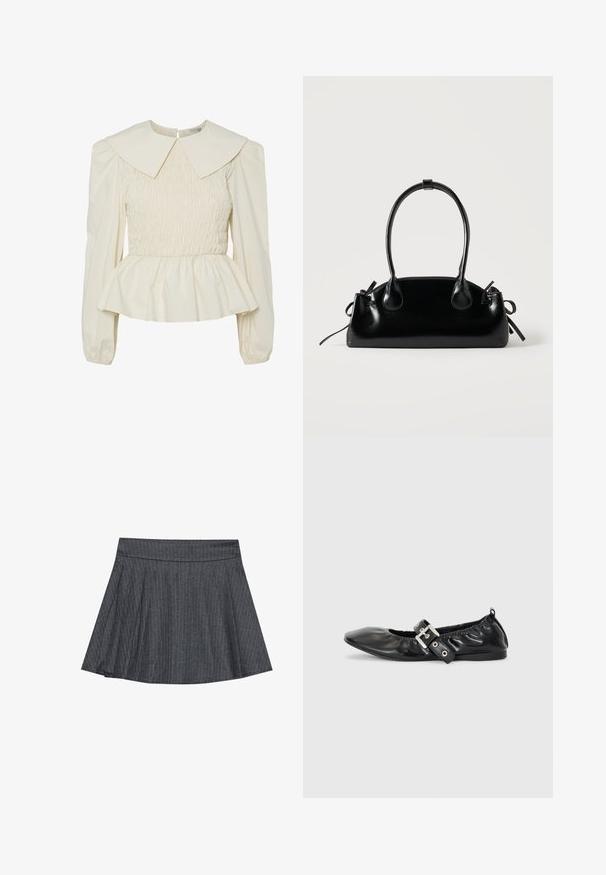Blouse de couleur crème avec un large col plat, un corps smocké et des manches bouffantes. Dotée d'un ourlet peplum et d'une fermeture au dos. Fabriquée en tissu léger.; Jupe patineuse grise à rayures générales avec une taille ajustée, en forme évasée A et texture de tissu douce. Les lignes verticales renforcent l'intérêt visuel.; Chaussure plate en cuir noir avec un nez pointu, des détails froncés autour de l'ouverture et un accent en boucle argentée sur la bride ajustable.; Petit sac à main noir brillant avec deux longues anses et des détails à cordon sur les côtés sur un fond clair uni.