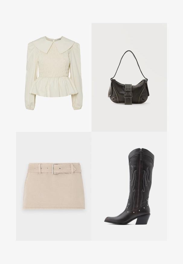 Blouse de couleur crème avec un large col plat, un corps smocké et des manches bouffantes. Dotée d'un ourlet peplum et d'une fermeture au dos. Fabriquée en tissu léger.; Abercrombie & Fitch BELTED MINI - Jupe en jean - beige; Bottes de cowboy en cuir marron avec surpiqûres en forme de flammes, fermeture éclair latérale, clous argentés, bout pointu et talon superposé.; Sac à épaule en cuir noir avec une sangle à boucle, des bords arrondis et des coutures blanches contrastées sur un fond uni.