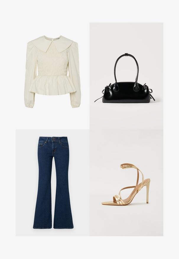Blouse de couleur crème avec un large col plat, un corps smocké et des manches bouffantes. Dotée d'un ourlet peplum et d'une fermeture au dos. Fabriquée en tissu léger.; Jean flare bleu foncé en denim, avec fermeture éclair et double bouton, poches avant et détails cousus le long des côtés.; Even&Odd by Zalando Sandales - gold; Petit sac à main noir brillant avec deux longues anses et des détails à cordon sur les côtés sur un fond clair uni.