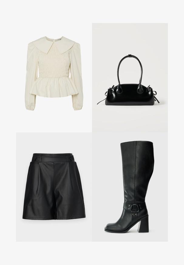 Blouse de couleur crème avec un large col plat, un corps smocké et des manches bouffantes. Dotée d'un ourlet peplum et d'une fermeture au dos. Fabriquée en tissu léger.; Shorts en simili cuir noir avec un devant plissé, des jambes larges et des détails en boutons sur la taille. Texture lisse, design soigné.; Bottes en cuir noires arrivant au genou, avec un bout carré, un large talon et une sangle décorative avec des accents métalliques autour de la cheville. Texture lisse.; Petit sac à main noir brillant avec deux longues anses et des détails à cordon sur les côtés sur un fond clair uni.