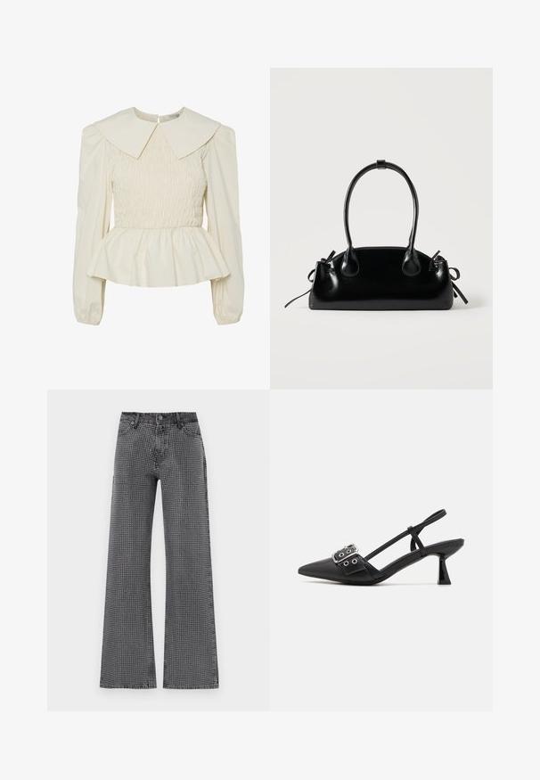 Krémová blúzka s veľkým plochým golierom, s mašľou na hrudi a balónovými rukávmi. Obsahuje peplum lem a zadné zapínanie. Vyrobená z ľahkého materiálu.; Široké džínsy z čierneho denimu s bielym bodkovaným vzorom; majú klasický dizajn s piatimi vreckami a zapínanie na gombík.; Simmi London DALA - Klasické lodičky na opätku - black; Malá čierna lesklá kabelka s dvoma dlhými rúčkami a bočnými šnúrkovými detailmi na jednoduchom svetlom pozadí.