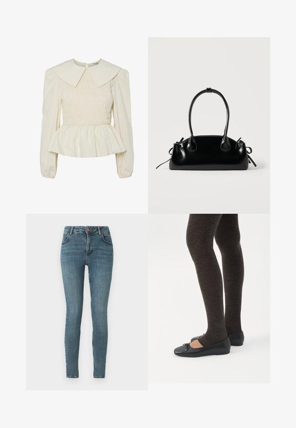 Kreemivärvi pluus suure lameda krae, smock-kere ja puffvarrukatega. Omab peplum-alust ja selja sulgemist. Valmistatud kergest kangast.; Kitsad teksad keskmiselt sinises denimis. Omavad klassikalist viie-nurgalist disaini, ees oleva nupuga sulgemist ja õrna kraapimist. Sujuv tekstuur.; Jalad seljas tumedad soonelises soonelises kombines mustade baleriinadega, millel on väikesed paelade detailid valgel taustal.; Väike must läikiv käekott kahe pika sangaga ja külgedel paelakinnitustega, ühel lihtsal helel taustal.