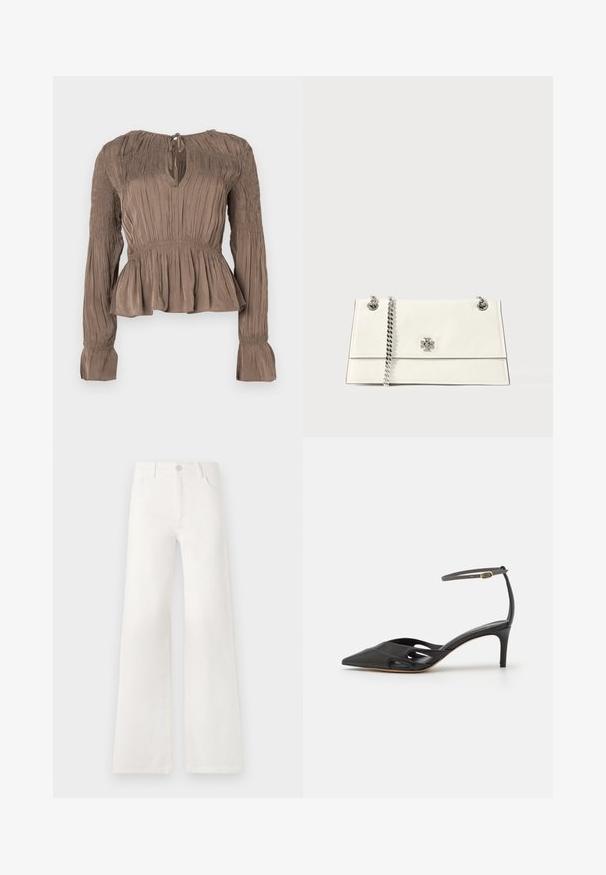 Brun peplum-top med lange ærmer, smockdetaljer på skuldre og manchetter, nøglehulshalsudskæring og tekstureret stof.; Hvide, højtaljede bukser med bred ben lavet af denim. Har en knaplukning, to forlommer og sidesømme med syningsdetaljer.; Sort læder højhælet sko med spids tå, åbne sider og en tynd ankelrem med en lille guld detalje.; Hvid læderhåndtaske med rektangulær form, featuring en sølv kædetraspe og et logo-element foran. Glat tekstur, minimalistisk design.