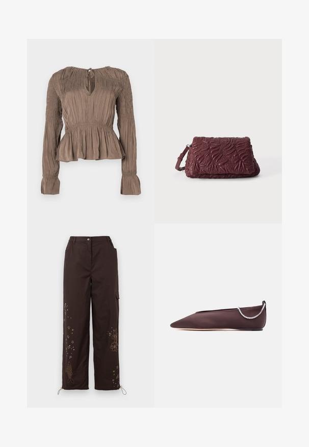 Haut péplum marron à manches longues, détails froncés sur les épaules et les poignets, encolure avec ouverture en goutte d'eau, tissu texturé.; Pantalons larges bruns avec des motifs brodés d'étoiles et de poissons. Comprend une taille élastique, deux poches latérales et des liens réglables aux chevilles.; Chaussure plate marron foncé à bout pointu avec un petit talon et un détail chaîne en strass argentée à l'arrière.; Pochette en cuir texturé rouge foncé avec motifs de feuilles embossés et une bandoulière réglable sur un fond clair uni.