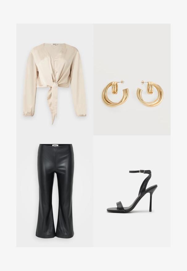 Beige satijnen blouse met lange mouwen, V-hals, twee knopen, knoop aan de voorkant, elastische manchetten en een cropped pasvorm.; Zwarte faux leren flare-pantalons met een gladde textuur. Heeft een hoge taille en splitten aan de zoom voor een comfortabele pasvorm. Merklabel aan de binnenkant van de tailleband.; Zwarte hoge hakken sandaal met een slanke enkelband en twee voorste banden. Gemaakt van soepel leer met een slanke puntneus en een stiletteloze hak.; Set glanzende gouden dubbele lus oorbellen met stekertjes op een witte achtergrond.