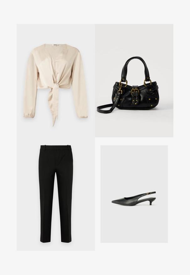 Beige satinbluse med lange ærmer, V-hals, to knapper og frontknude, elastiske manchetter og en cropped pasform.; Sort bukser med slim fit, der har flad front, sidelommer og en glat tekstur. Designet med mellemhøj talje og tapered ben.; Sorte spidse slingback-sko lavet af glat læder. Har en tynd hæl og en spænde detalje på den justerbare rem.; Sort læderhåndtaske med guldbælge og nitdetaljer, korte håndtag og en justerbar skulderrem på en ensfarvet hvid baggrund.