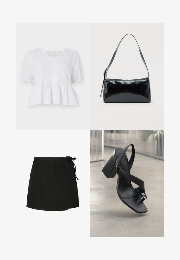 Biely peplum top vyrobený z bavlny s krátkymi puff rukávmi, plytkým V-výstrihom a zaväzovaním na zadnej strane. Hladká textúra, ležérny dizajn.; Čierna bavlnená sukňa s preklopným zaväzovaním, rovným strihom a lemom v polovici stehna. Má hladkú textúru a minimalistický dizajn.; Čierne kožené sandále na vysokom podpätku so širokým pásom, slučkou na prsty a striebornou ozdobou na hladkom svetlosivom pozadí.; Čierna obdĺžniková kabelka na rameno s jedným nastaviteľným remienkom a horným zipsom na jednofarebnom pozadí.