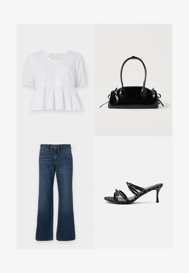 Haut peplum blanc en coton avec des manches courtes bouffantes, un décolleté en V peu profond et un lien de fermeture au dos. Texture lisse, design décontracté.; Jean large bleu foncé avec une conception classique à cinq poches, doté d'une fermeture à bouton et de légères décolorations. Fabriqué en tissu denim.; Sandale noire à talon haut avec des pois blancs, bout ouvert et fines lanières croisées sur un fond clair uni.; Petit sac à main noir brillant avec deux longues anses et des détails à cordon sur les côtés sur un fond clair uni.
