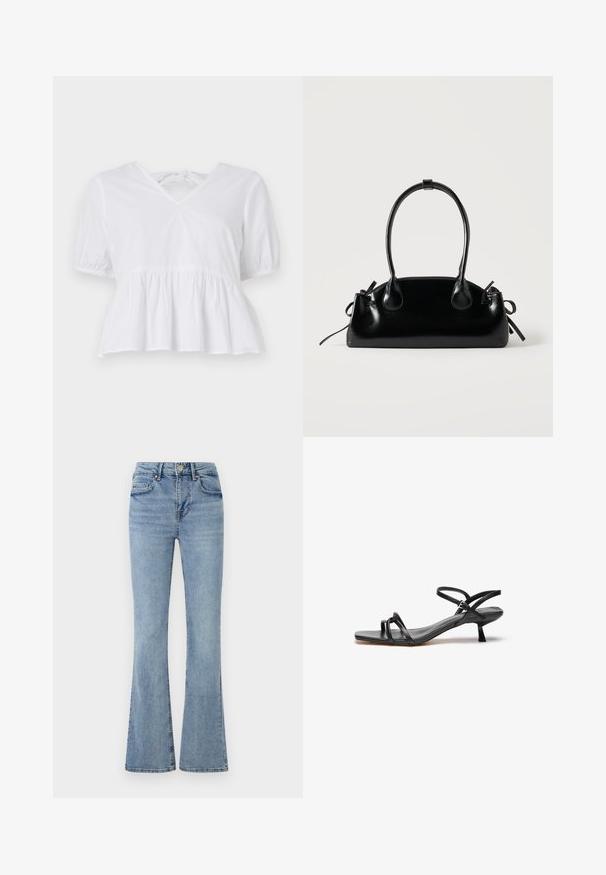 Hvid peplum top lavet af bomuld med korte pufærmer, en lav V-hals og en snørelukning bagpå. Glat tekstur, afslappet design.; Lyseblå denimjeans med høj talje, frontknap og lynlås, fem lommer og let udvidede ben.; Sorte lædersandaler med et slankt, minimalistisk design. Har to tynde remme og en lille, skrå hæl. Glat tekstur og åben tå.; Lille sort blank håndtaske med to lange håndtag og snøre-detaljer i siden på en ensfarvet lys baggrund.