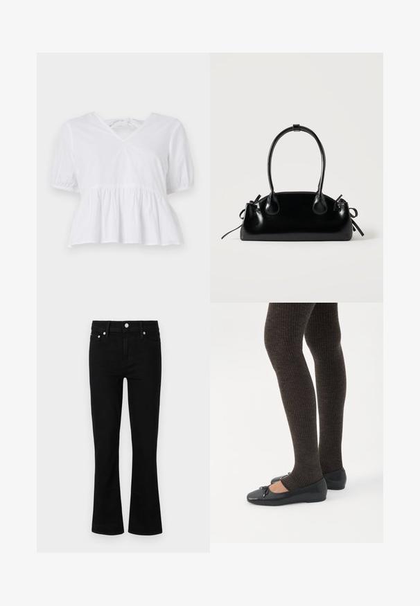 Biely peplum top vyrobený z bavlny s krátkymi puff rukávmi, plytkým V-výstrihom a zaväzovaním na zadnej strane. Hladká textúra, ležérny dizajn.; Čierne denimové rozšírené džínsy s priliehavým pásom, dizajnom s piatimi vreckami a striebornými kovovými detailmi, s hladkou textúrou a štandardnou dĺžkou.; Nohy v tmavých pásikavých legínach v kombinácii s čiernymi balerínkami s malými mašličkami na bielom pozadí.; Malá čierna lesklá kabelka s dvoma dlhými rúčkami a bočnými šnúrkovými detailmi na jednoduchom svetlom pozadí.