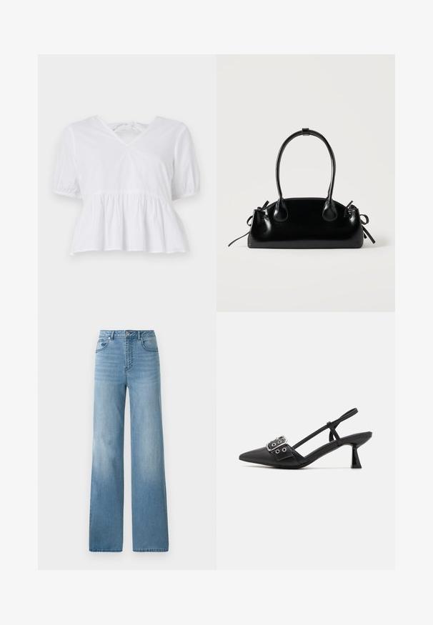Biely peplum top vyrobený z bavlny s krátkymi puff rukávmi, plytkým V-výstrihom a zaväzovaním na zadnej strane. Hladká textúra, ležérny dizajn.; Svetlomodré džínsy s vysokým pásom a rovnými nohavicami. Vyrobené z denimu, majú päť vreciek a zapínanie na gombíky.; Simmi London DALA - Klasické lodičky na opätku - black; Malá čierna lesklá kabelka s dvoma dlhými rúčkami a bočnými šnúrkovými detailmi na jednoduchom svetlom pozadí.