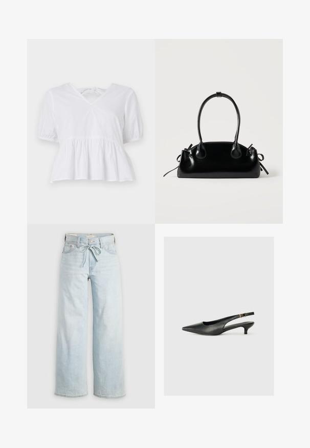 Hvid peplum top lavet af bomuld med korte pufærmer, en lav V-hals og en snørelukning bagpå. Glat tekstur, afslappet design.; Lysblå vide jeans med bindebånd fortil, klassisk fem-lomme design og subtile falmede detaljer ved benene. Denim materiale.; Sorte spidse slingback-sko lavet af glat læder. Har en tynd hæl og en spænde detalje på den justerbare rem.; Lille sort blank håndtaske med to lange håndtag og snøre-detaljer i siden på en ensfarvet lys baggrund.