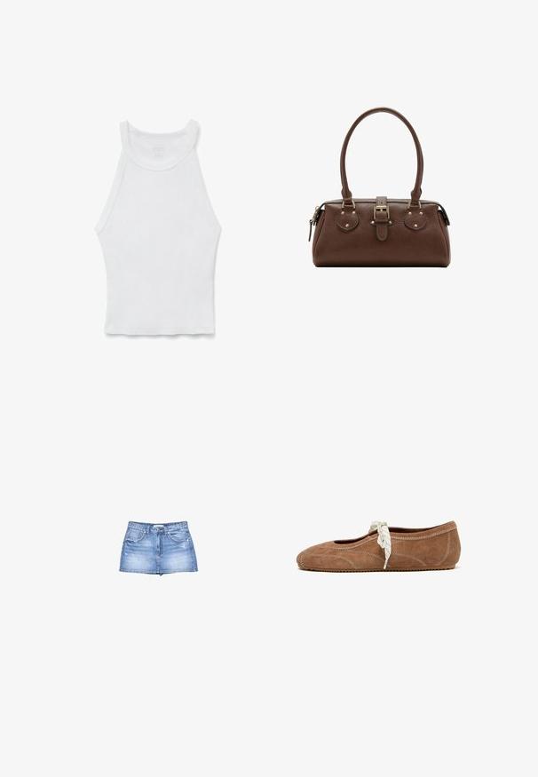 Débardeur blanc sans manches en côte avec un col montant et une silhouette ajustée, posé à plat sur un fond blanc.; Jupe en denim bleu clair avec un ourlet effiloché, fermeture à boutons sur le devant et deux poches à l'avant. Les détails usés ajoutent de la texture.; Chaussure plate en daim marron avec lacet tressé blanc noué sur le dessus, ornée de coutures blanches visibles et d'une semelle en caoutchouc avec motif antidérapant.; Sac à main en cuir marron avec deux poignées, une sangle centrale à boucle et des ferrures dorées, présenté sur fond blanc.